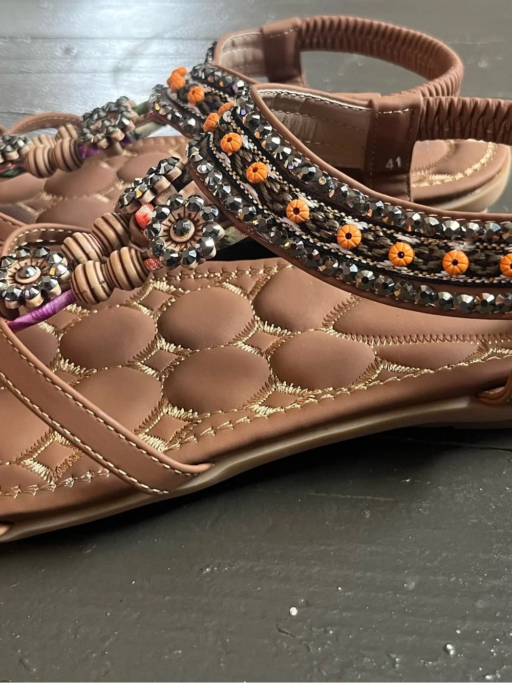 Brown Beaded T-Strap Slingback Sandals